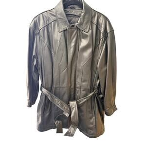 Vintage Leather Belted Coat Trench Black Women Medium Unisex 90s removable liner